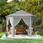 Outsunny 3 x 4m Garden Gazebo Hexagon Pop Up Gazebo Party Tent Canopy Double Roof Instant Shelter with Netting and Carry Bag for Outdoor Patio, Dark Grey