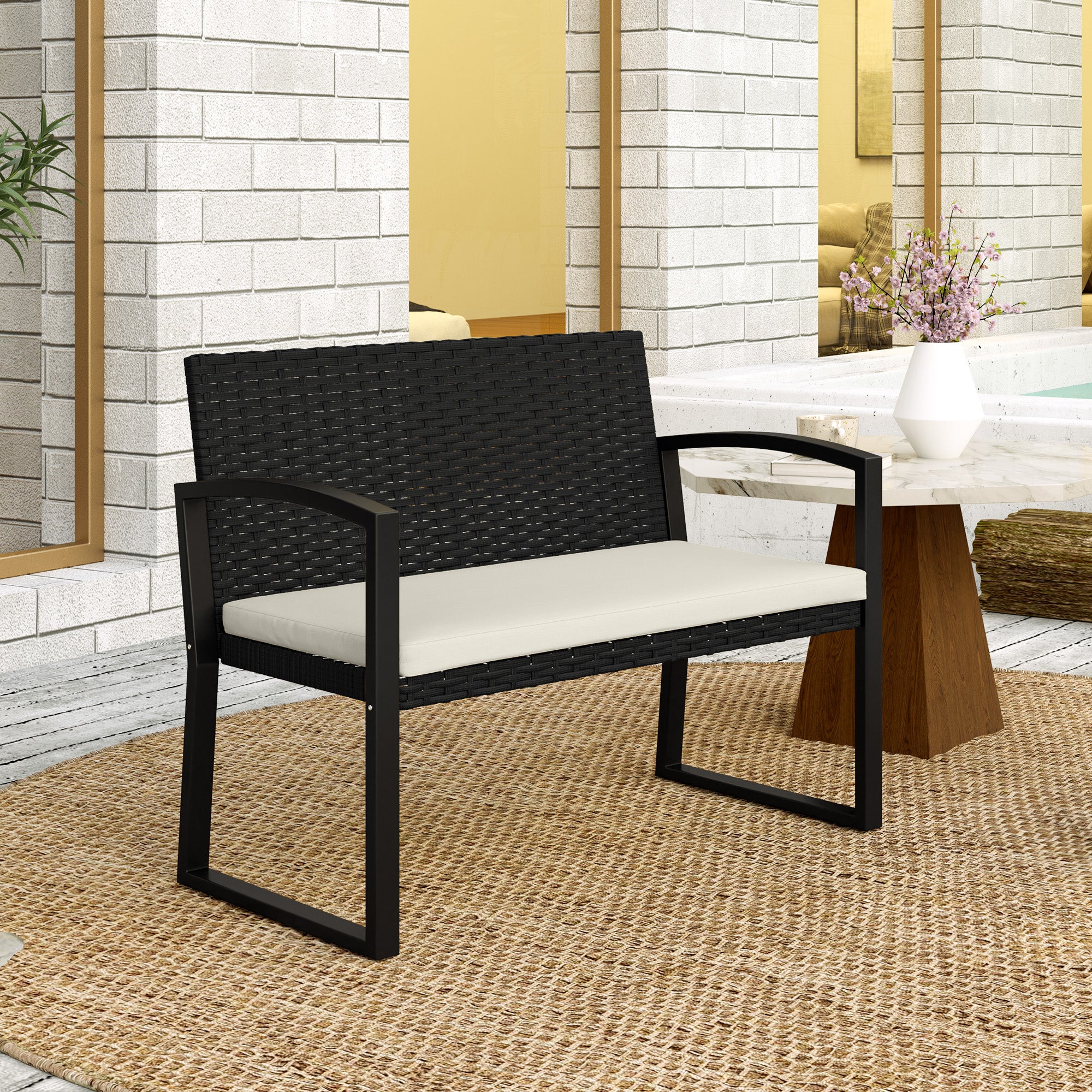 Outsunny Two-Seater Rattan Garden Bench - Beige