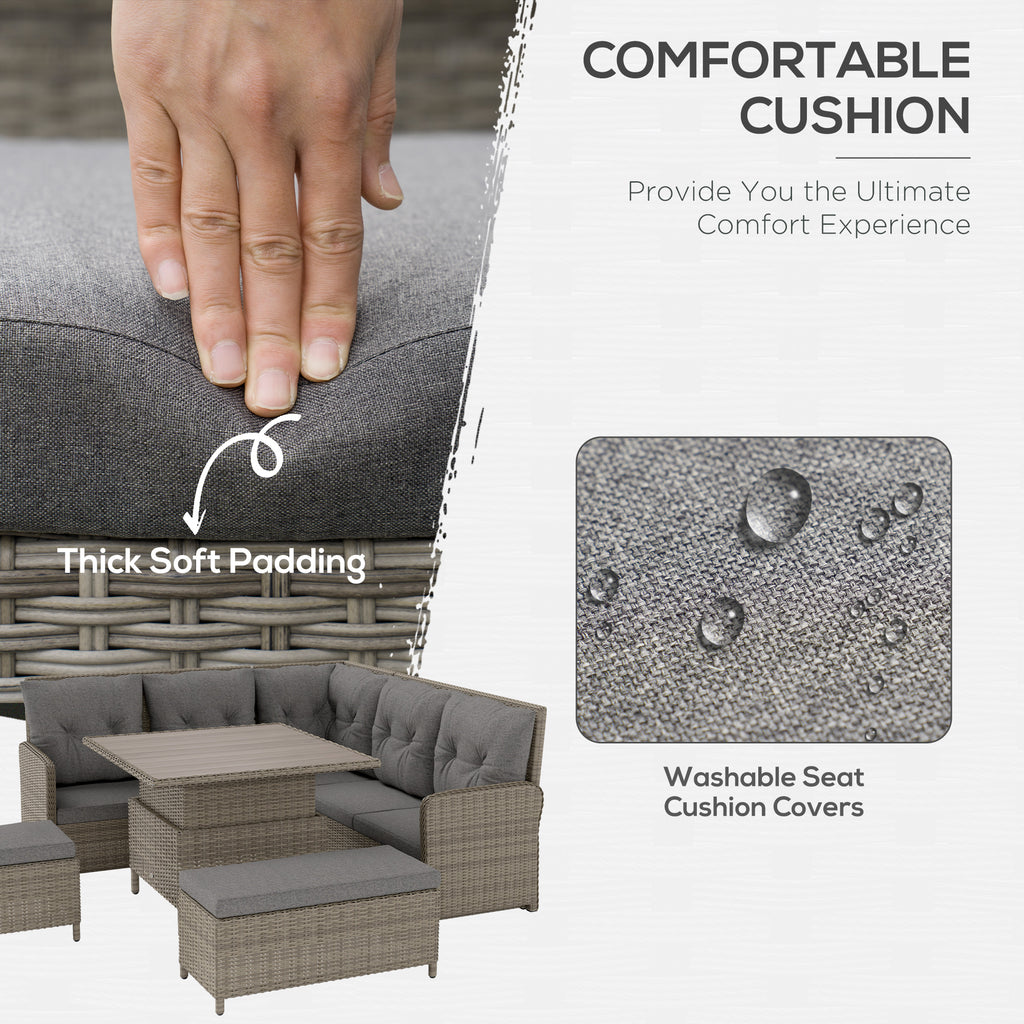 Outsunny 6 Pieces Outdoor PE Rattan Garden Furniture, Patio Wicker Sectional Conversation Corner Sofa with Soft Padded Cushion and Liftable Coffee Table, 123 x 55 x 84 cm, Light Grey