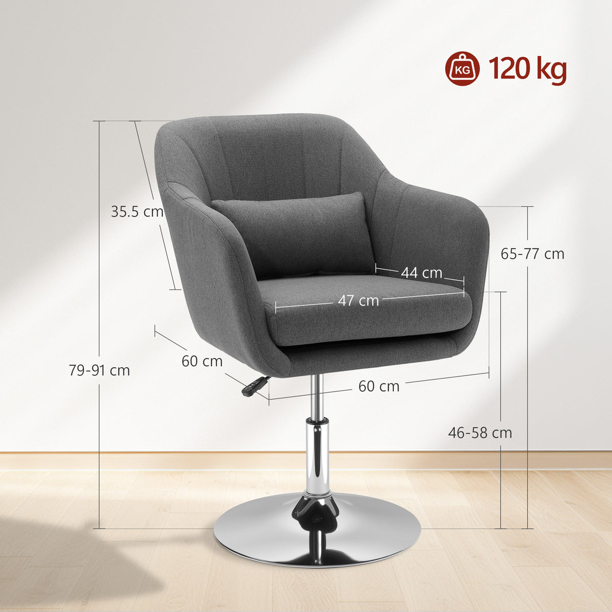 Swivel Accent Chair, Linen Fabric Tub Vanity Chair, Modern Armchair with Adjustable Height and Lumbar Support for Living Room Bedroom Salon Make up Room Dressing Table, Dark Grey