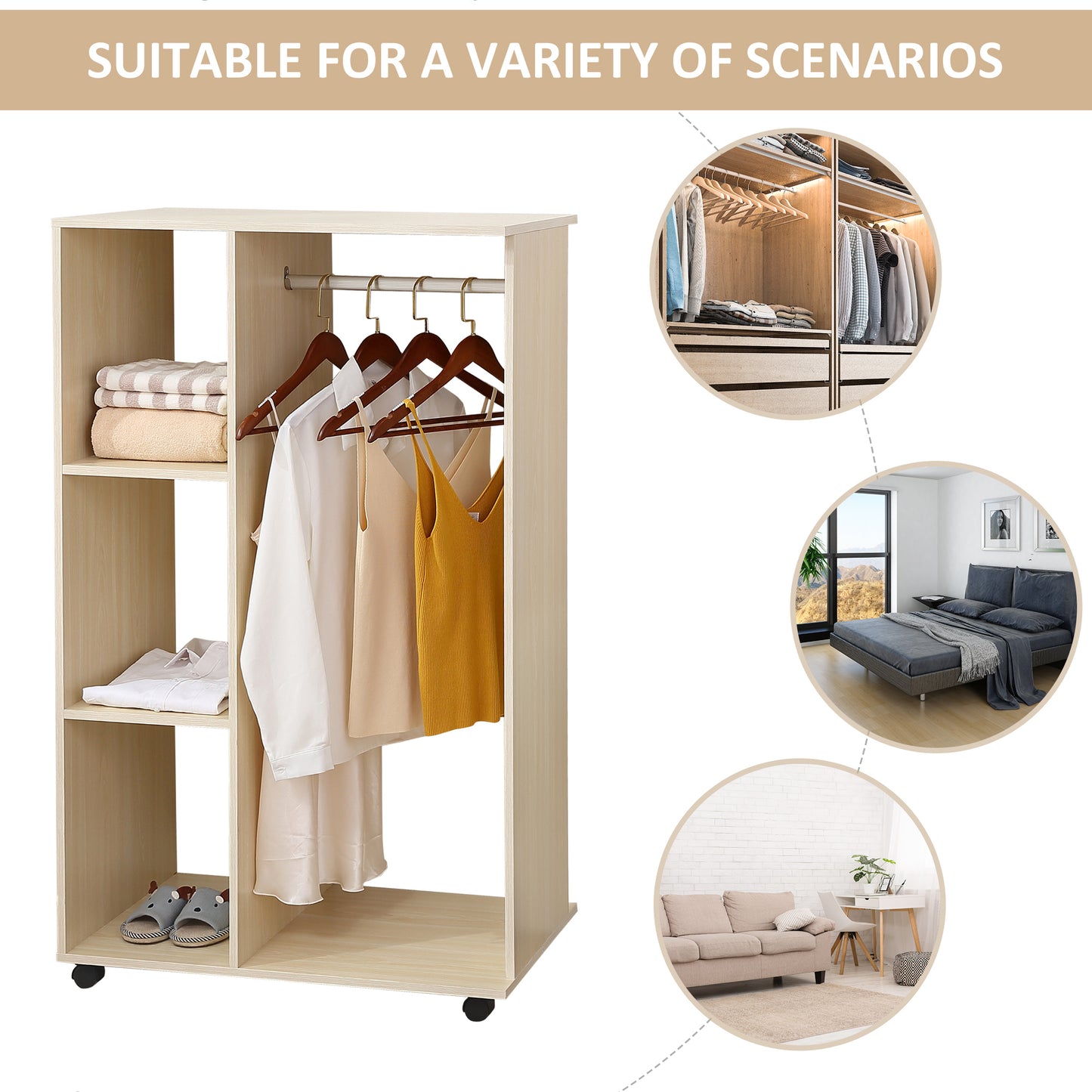 Open Wardrobe on Wheels, Bedroom Wardrobe with Clothes Hanging Rail, 3 Storage Shelves, Mobile Garment Rack for Cloakroom, Hallway, Maple Wood-Effect
