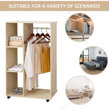Open Wardrobe on Wheels, Bedroom Wardrobe with Clothes Hanging Rail, 3 Storage Shelves, Mobile Garment Rack for Cloakroom, Hallway, Maple Wood-Effect