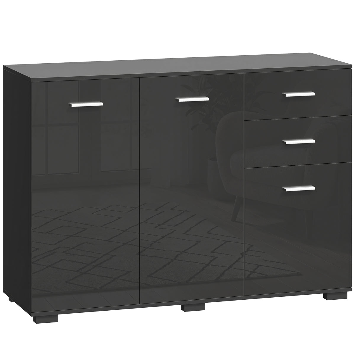 Sideboard, Modern Storage Cabinet with 2 Drawers, 3 Doors and Adjustable Shelves, High Gloss Black