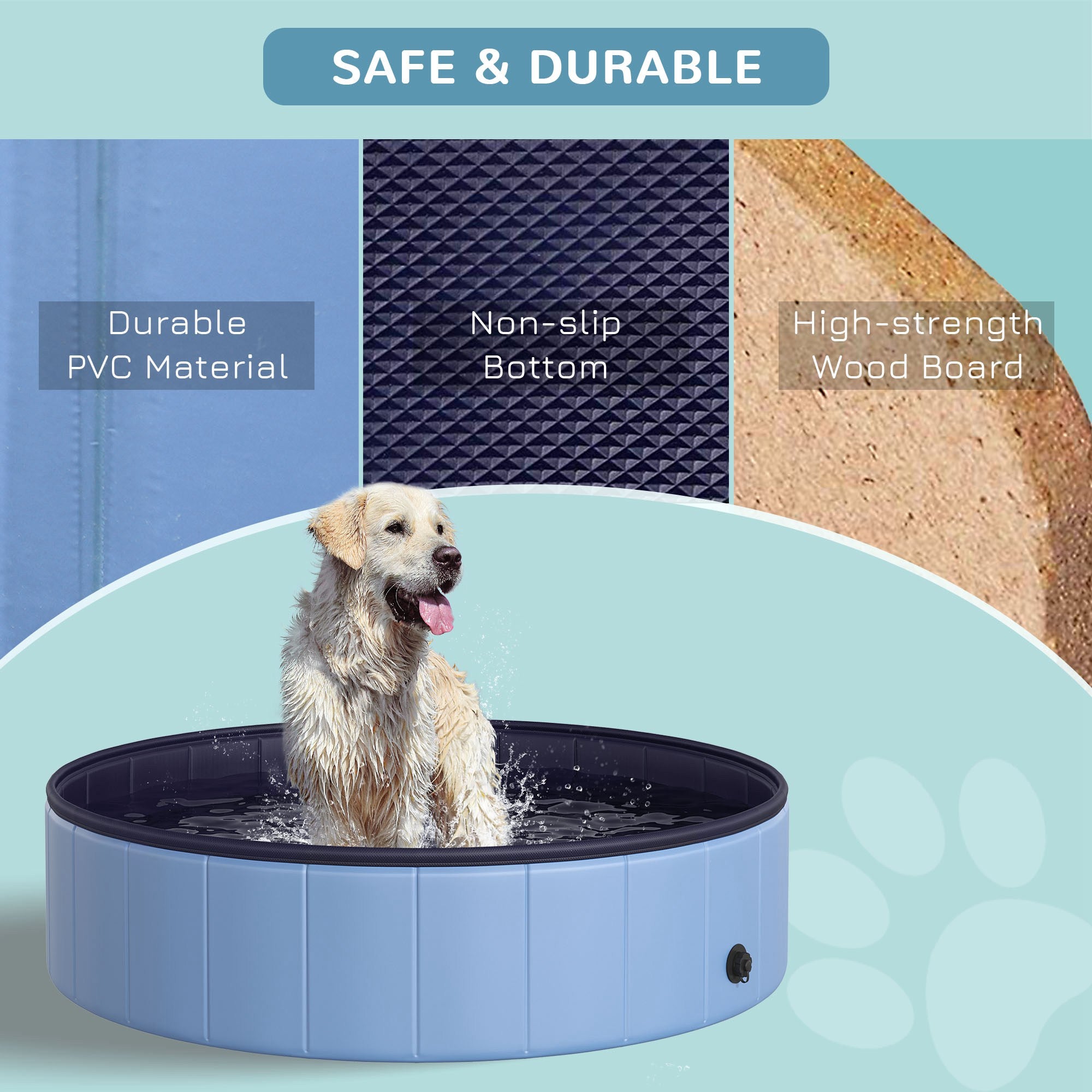 PawHut Foldable Dog Pool for Puppies and Ducks, Thickened PVC Dog Paddling Pool Bath Tub Hard Board, Anti-Slip Bottom and Drainage Hole, 120 x 30cm, Blue