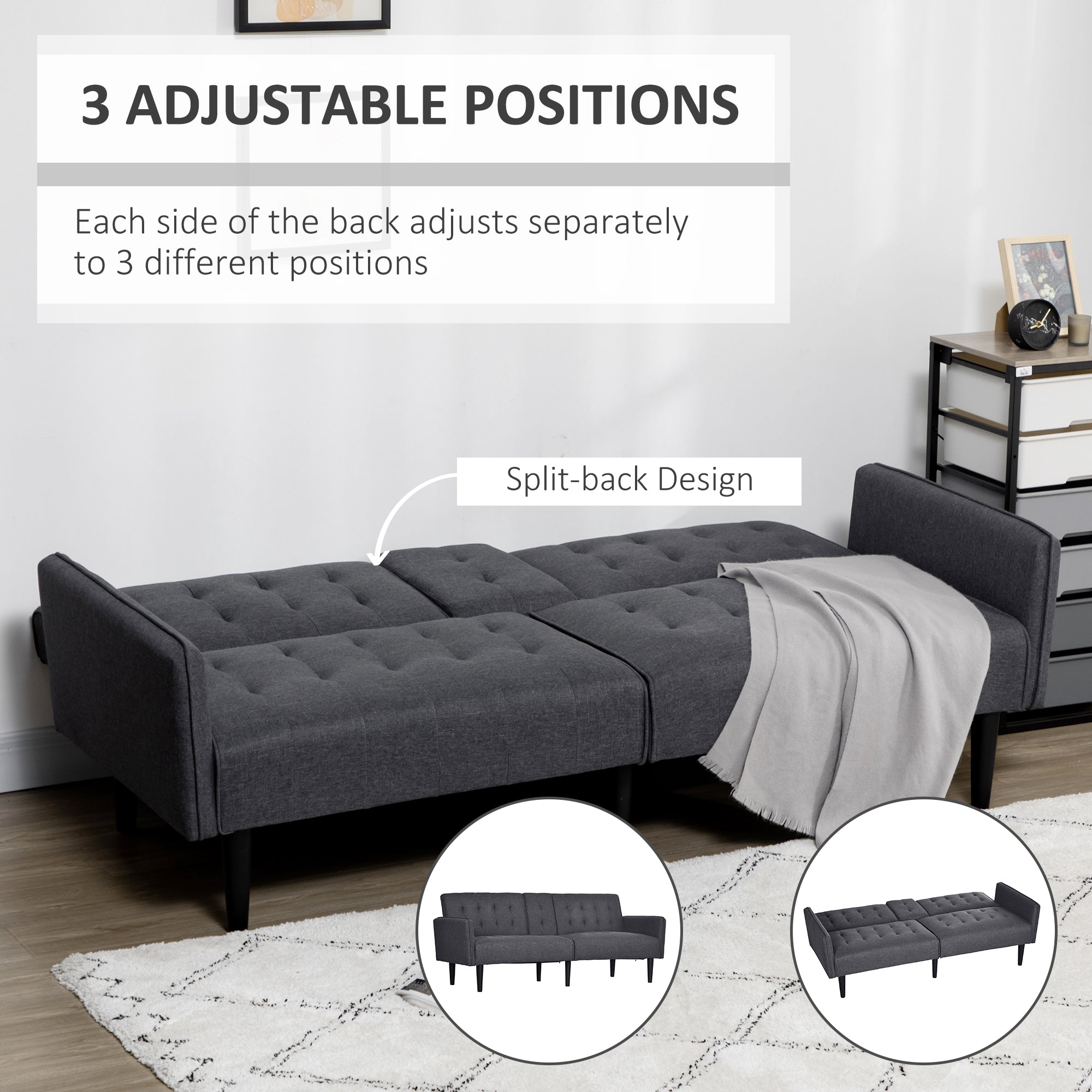 HOMCOM Three-Seater Sofa Bed, with Cupholders - Grey