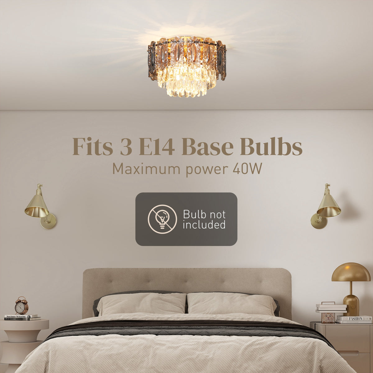 Chandelier Ceiling Light, 3-Light Flush Mount Fixture with Dual Crystal and Smoke Glass Shade, 40 cm LED Ceiling Light for Living Room Bedroom, 3 E14 Sockets, Bulbs Not Included, Gold Tone