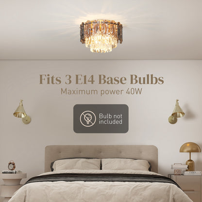 Chandelier Ceiling Light, 3-Light Flush Mount Fixture with Dual Crystal and Smoke Glass Shade, 40 cm LED Ceiling Light for Living Room Bedroom, 3 E14 Sockets, Bulbs Not Included, Gold Tone