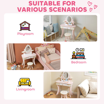 AIYAPLAY Kids Dressing Table, Girls Vanity Set with Mirror and Stool, 7 Play Accessories, Drawer, Desktop Storage, Pink
