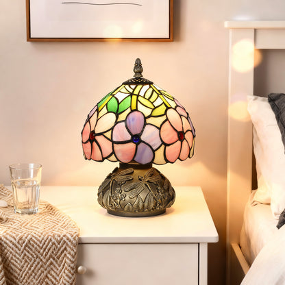 Tiffany-Style Table Lamp with Sculpted Dragonfly Base, Handcrafted Classic Stained Glass Bedside Lamp for Living Room and Bedroom, E27 Socket, Pink