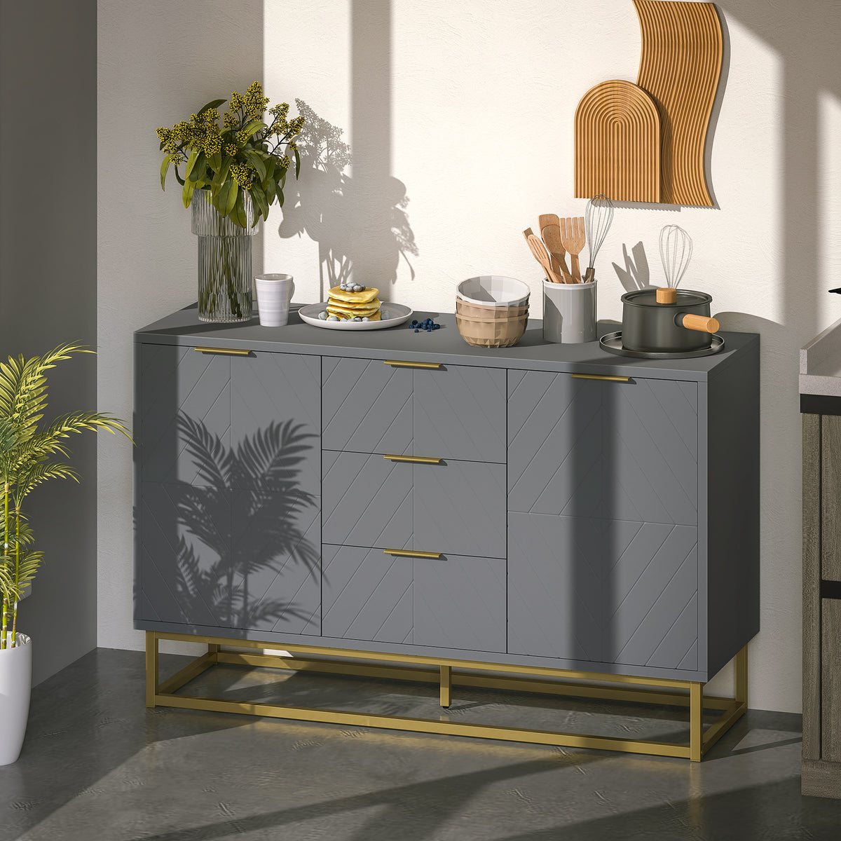 Sideboard with 3 Drawers and Adjustable Shelves for Living Room - Grey