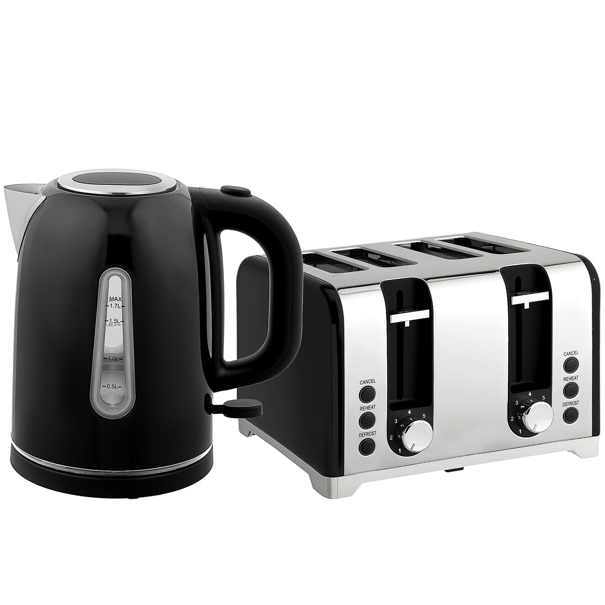Kettle and Toaster Set, 1.7L 3000W Rapid Boil Jug Kettle with Otter Thermostat, Limescale Filter, 4 Slice Toaster with 7 Browning Controls, Crumb Tray, LED Strip, Black