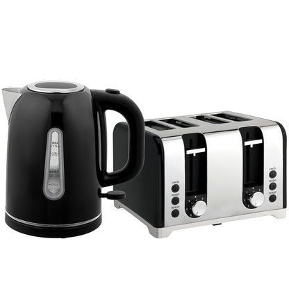 Kettle and Toaster Set, 1.7L 3000W Rapid Boil Jug Kettle with Otter Thermostat, Limescale Filter, 4 Slice Toaster with 7 Browning Controls, Crumb Tray, LED Strip, Black