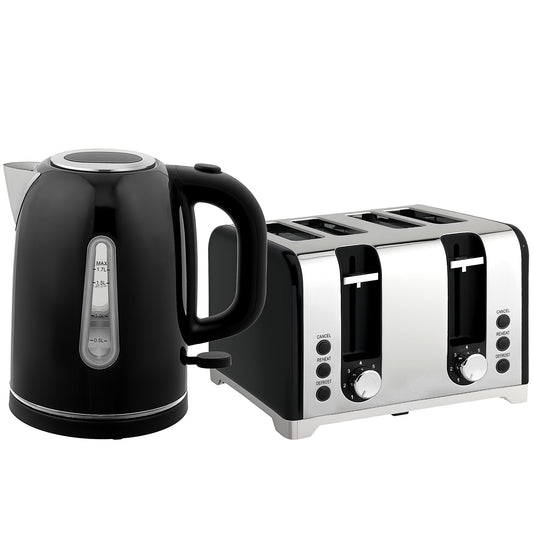 Kettle and Toaster Set, 1.7L 3000W Rapid Boil Jug Kettle with Otter Thermostat, Limescale Filter, 4 Slice Toaster with 7 Browning Controls, Crumb Tray, LED Strip, Black