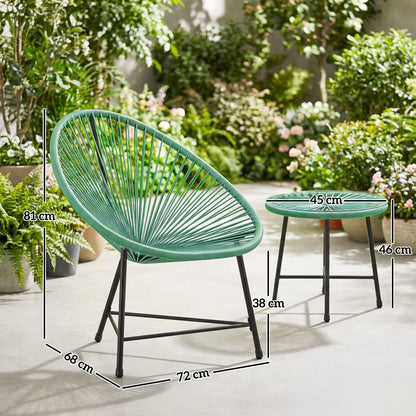 Outsunny Rattan Bistro Set with Acapulco Chairs and Glass Table, Green
