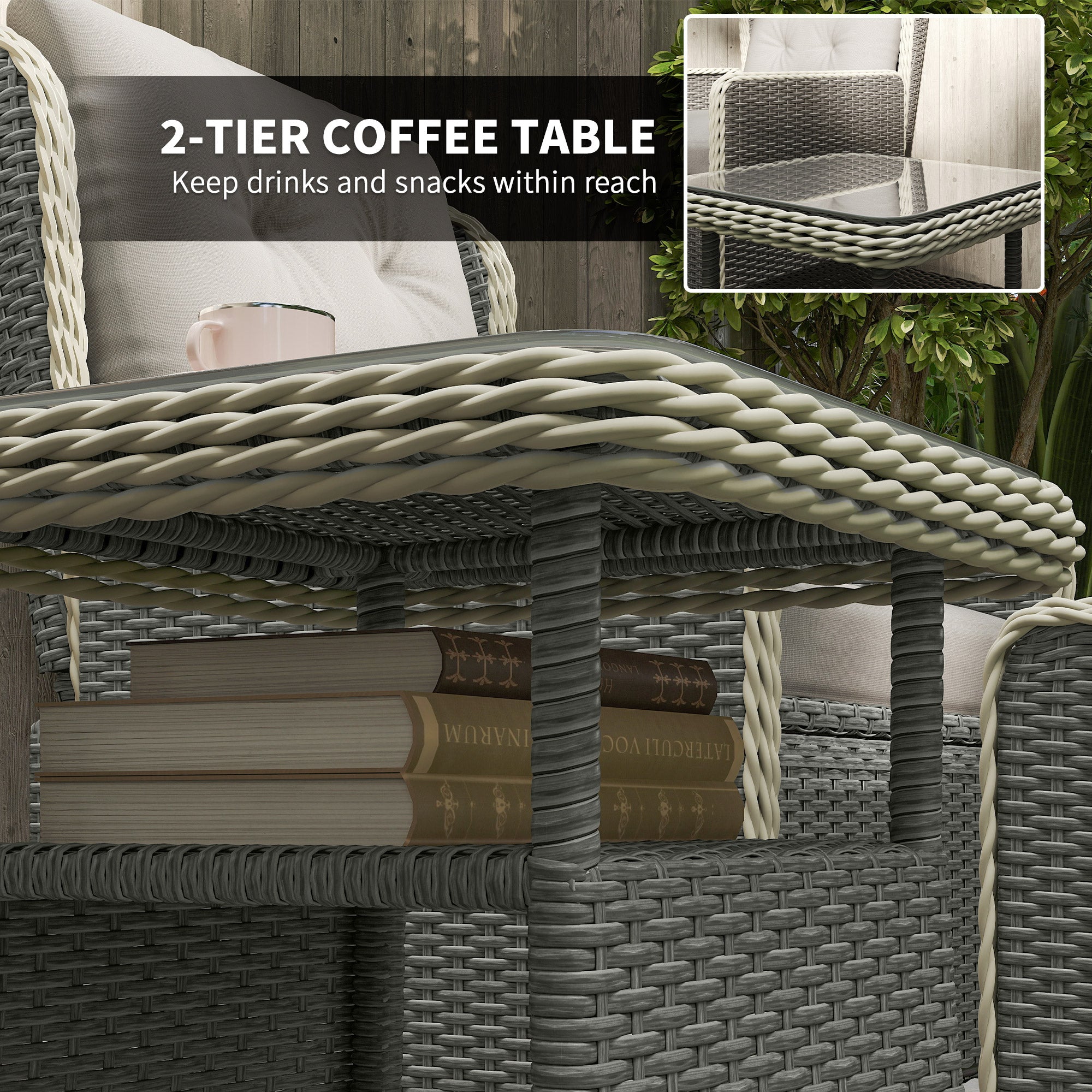 Outsunny Five-Piece Reclining Rattan Chair Set - Charcoal Grey