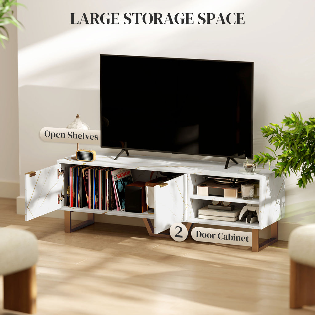 Marble Effect TV Unit, Modern TV Stand Cabinet for up to 70" TVs, with Shelves and Storage Cupboard, Fluted Door, Extra Centre Leg, Cable Management for Living Room, White