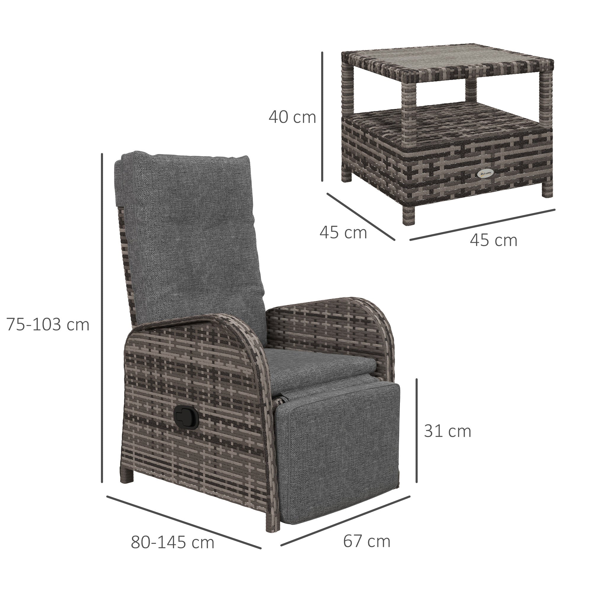 Outsunny 2 Seater Patio Rattan No Installation Chaise Lounge Sofa Set with Premium Fabric Cushion, Grey and Brown