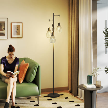 3-Light LED Floor Lamp, 170cm Industrial Dimmable Standing Lamp with Steel Wire Cage Lampshades, 2700K for Living Room, Bedroom, Dining Room, Study, Black