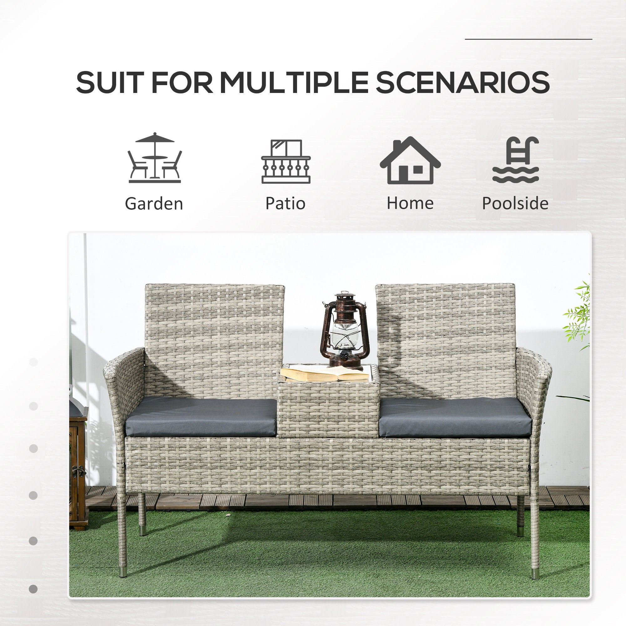 Outsunny Two-Seat Rattan Chair, with Middle Table - Light Grey