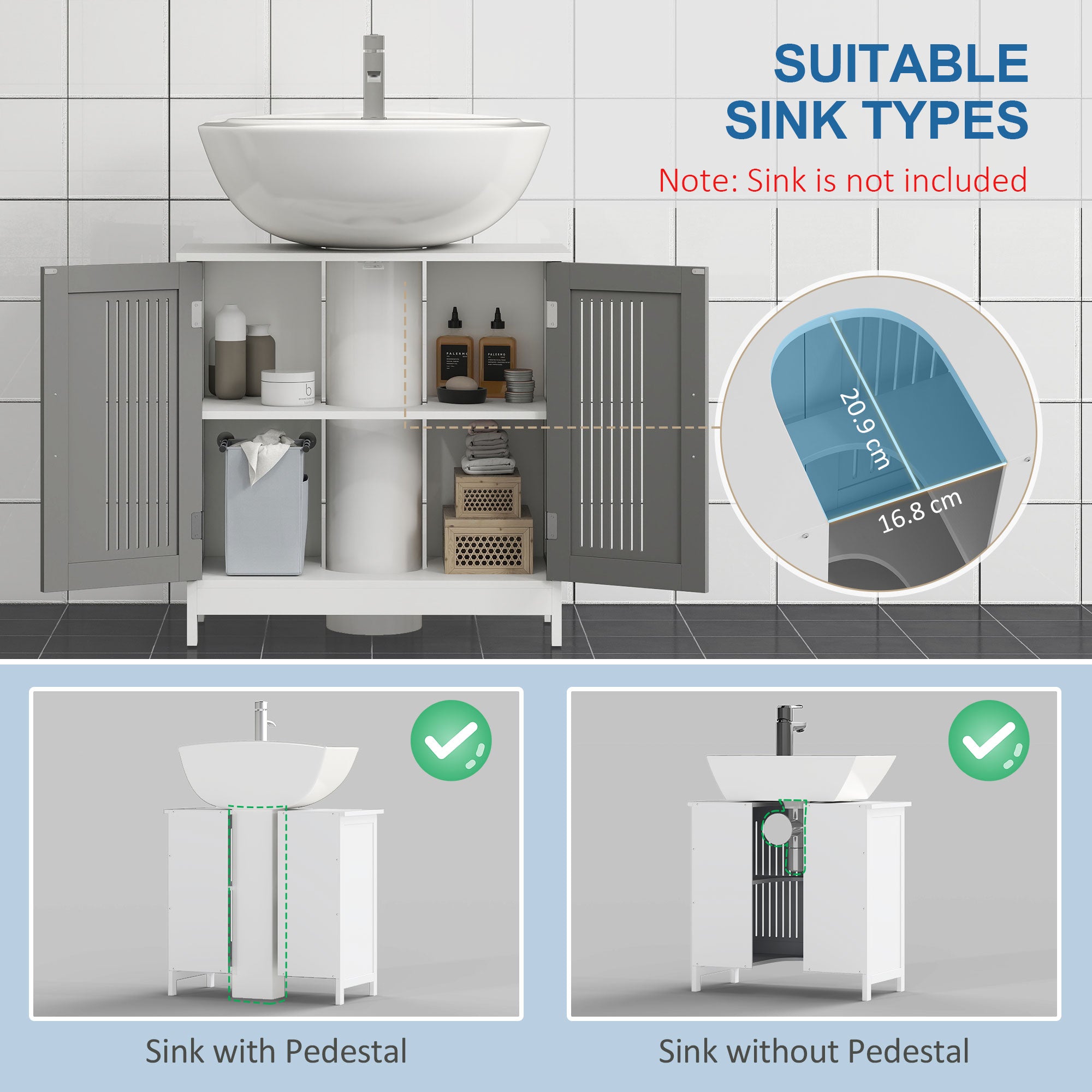 kleankin Modern Under Sink Cabinet with 2 Doors, Bathroom Vanity Unit, Pedestal Under Sink Design, Storage Cupboard with Adjustable Shelves, Grey