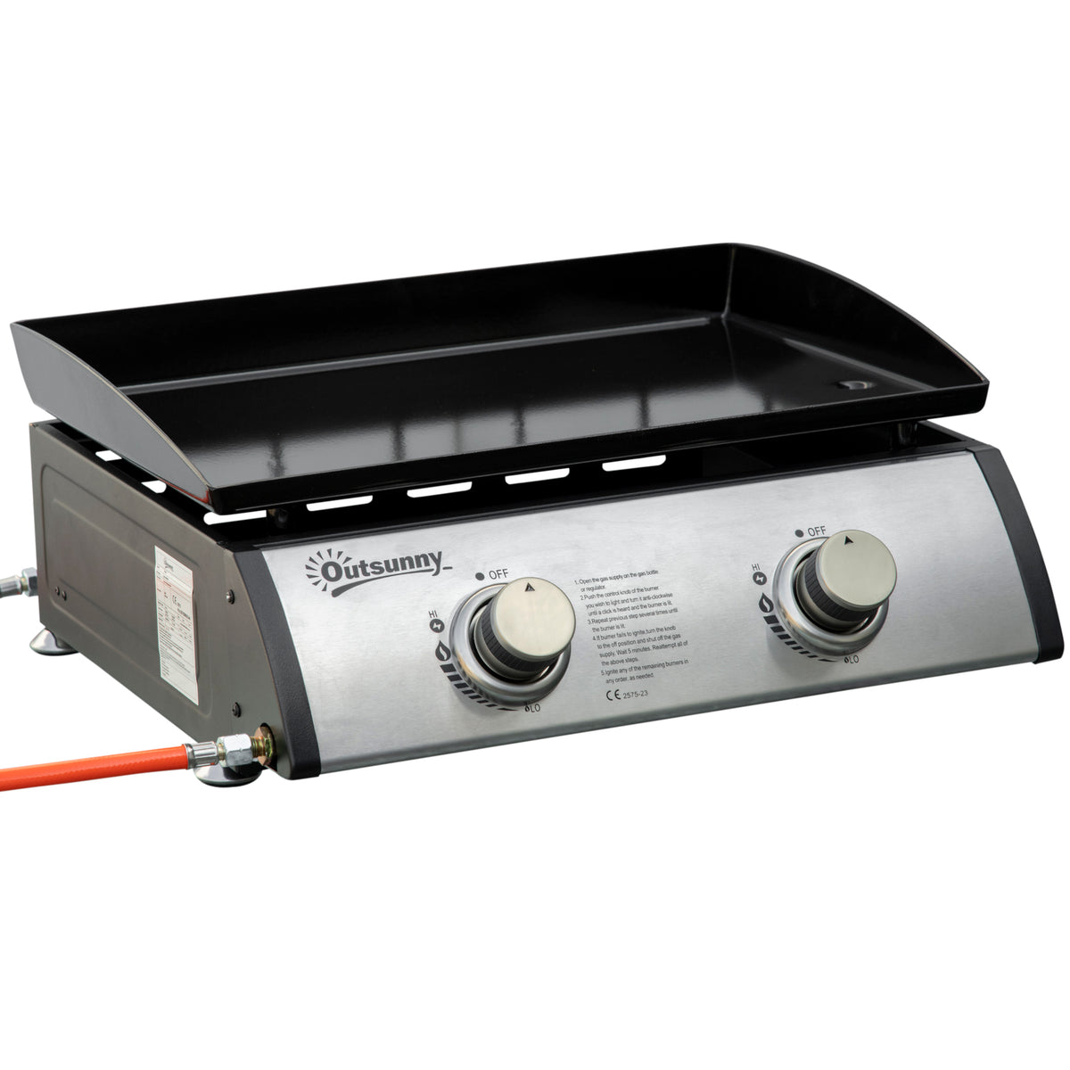 Outsunny Gas Plancha Barbecue Grill with 2 Stainless Steel Burner, 5kW, Portable Tabletop Gas BBQ with Non-Stick Griddle for Camping Picnic Garden Party Festival
