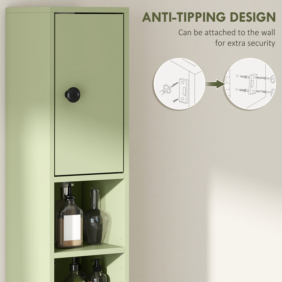 kleankin 180cm Slim Bathroom Cabinet, with Drawer, Shelves and Cupboards - Green