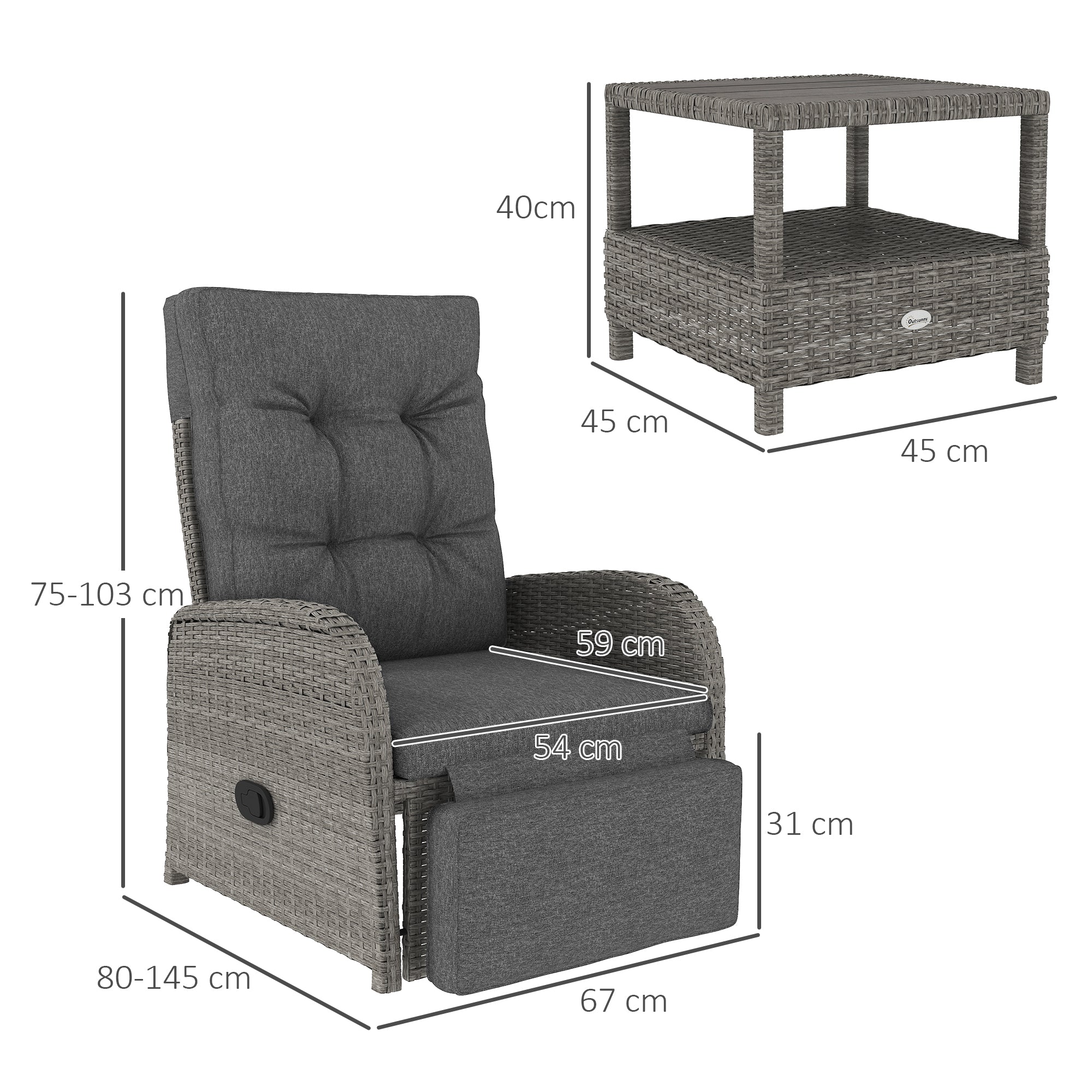 Outsunny 2 Seater Patio Rattan Wicker No Installation Chaise Lounge Sofa Set w/ Cushion for Patio Garden Porch, Grey