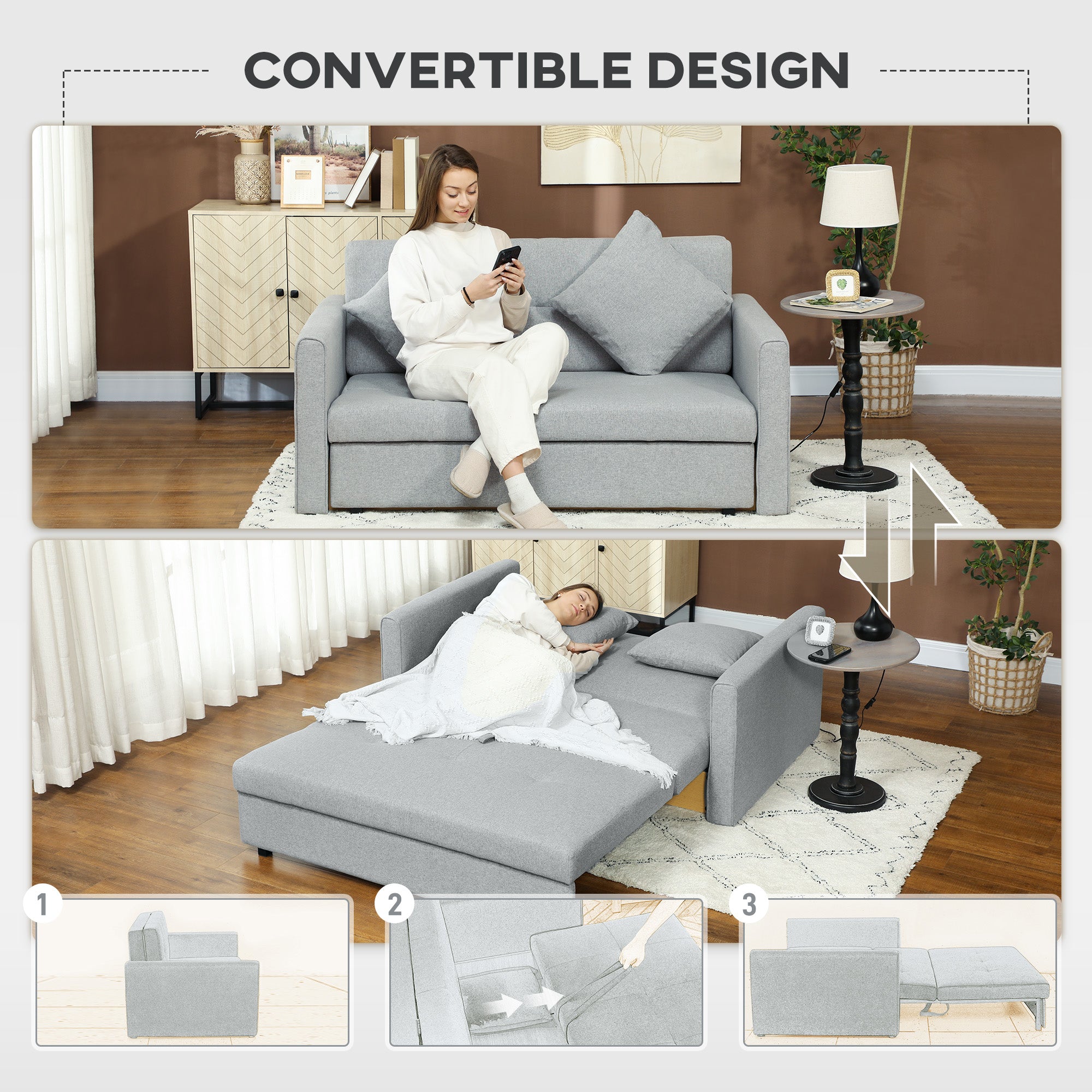HOMCOM 2 Seater Sofa Bed with Hidden Storage, Pull Out Convertible Bed Settee, Modern Linen Loveseat Sofa Sleeper with 2 Cushions for Living Room, Guest Room, Light Grey