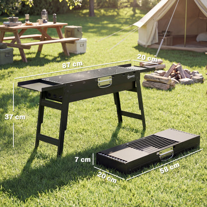 Outsunny Portable BBQ Grill, Foldable Charcoal Grill for Camping and Picnics with 2 Side Shelves and Handle, Black