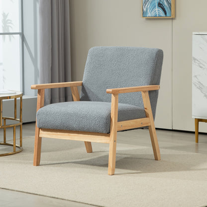 Modern Armchair, Sherpa Fleece Upholstered Accent Chair with Solid Wood Legs and Wide Seat, Padding Lounge Chair for Living Room Bedroom Office, Grey