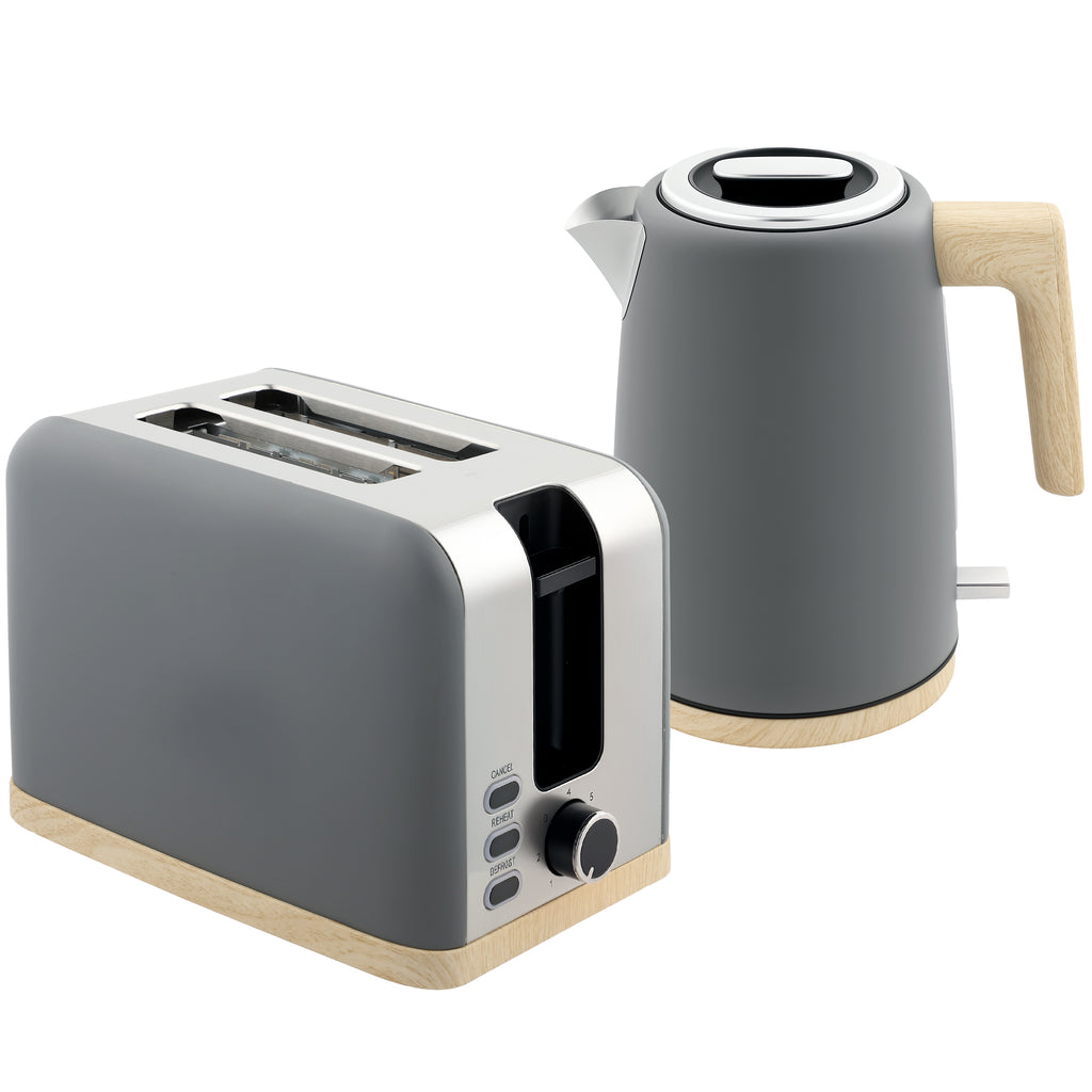 Stainless Steel Kettle and Toaster Set, 1.7L 3000W Fast Boil Kettle & 2 Slice Toaster Kitchen Set with 7 Level Browning Controls, Defrost, Reheat, Auto Off, Boil-dry Protection, Grey