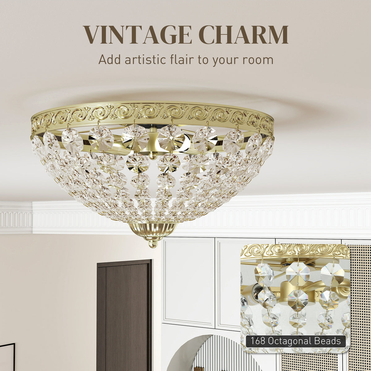 Crystal Chandelier Ceiling Light with 168 Octagonal Beads, Vintage 2-Light Flush Mount Ceiling Light for Living Room, Bedroom, Hallway, Dining Room, Gold Tone