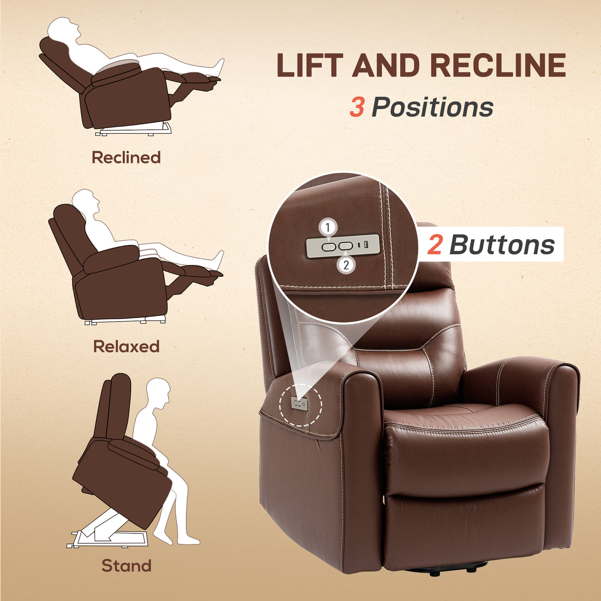Power Lift Recliner Chair for Elderly, Overstuffed Faux Leather Riser and Reclining Chair with USB A+C Ports, Recliner Armchair for Living Room, Brown