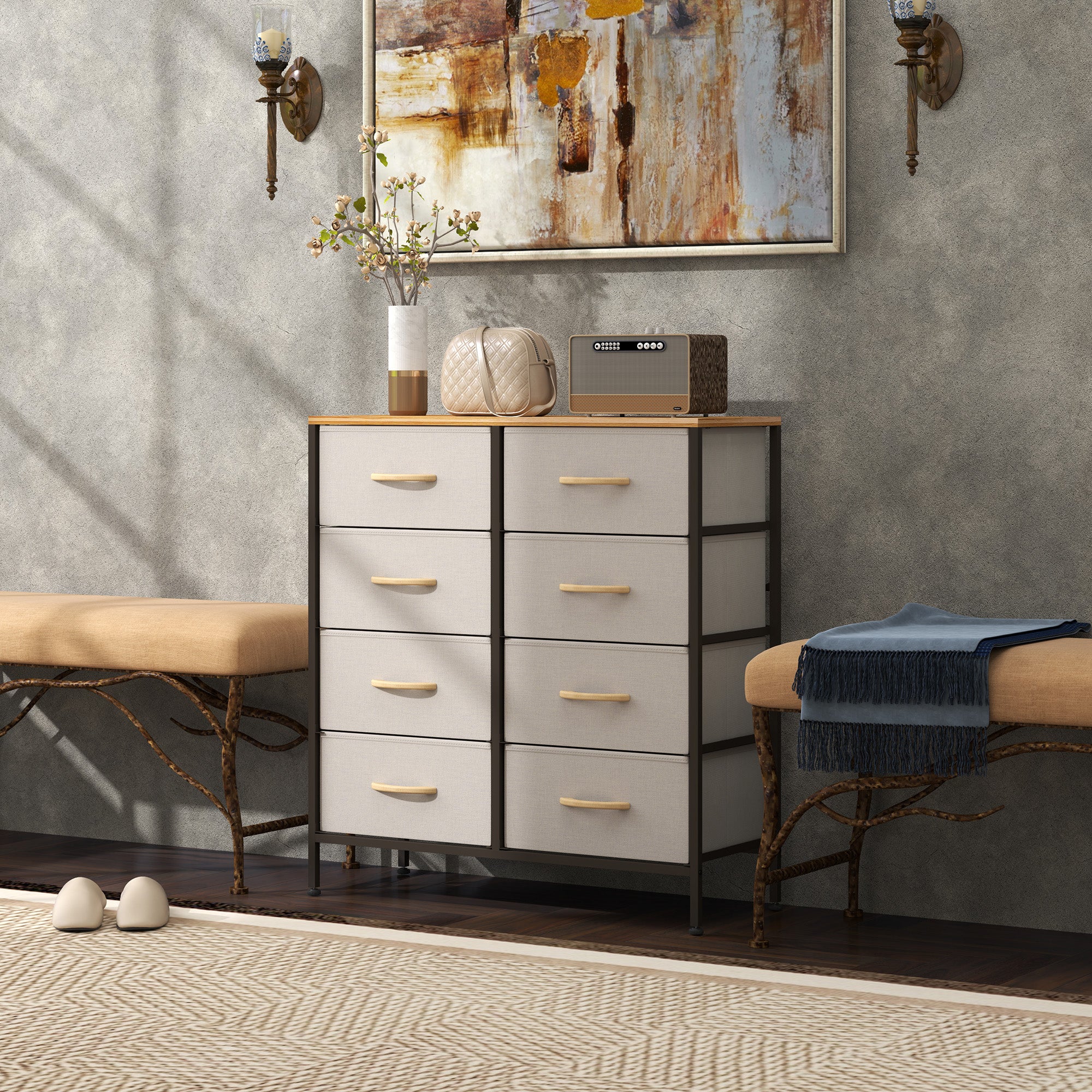 HOMCOM Fabric Chest of Drawers, Industrial Bedroom Dresser with 8 Fabric Drawers, Steel Frame and Wooden Top for Nursery, Living Room, Hallway, Cream White