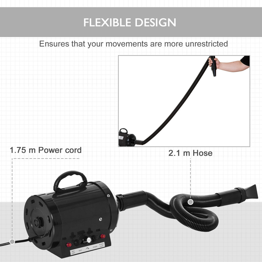 PawHut Dog Hair Dryer Pet Grooming Blaster Dryer Blower Adjustable Temperature Speed with 2.1M Flexible Hose 3 Nozzles - Black