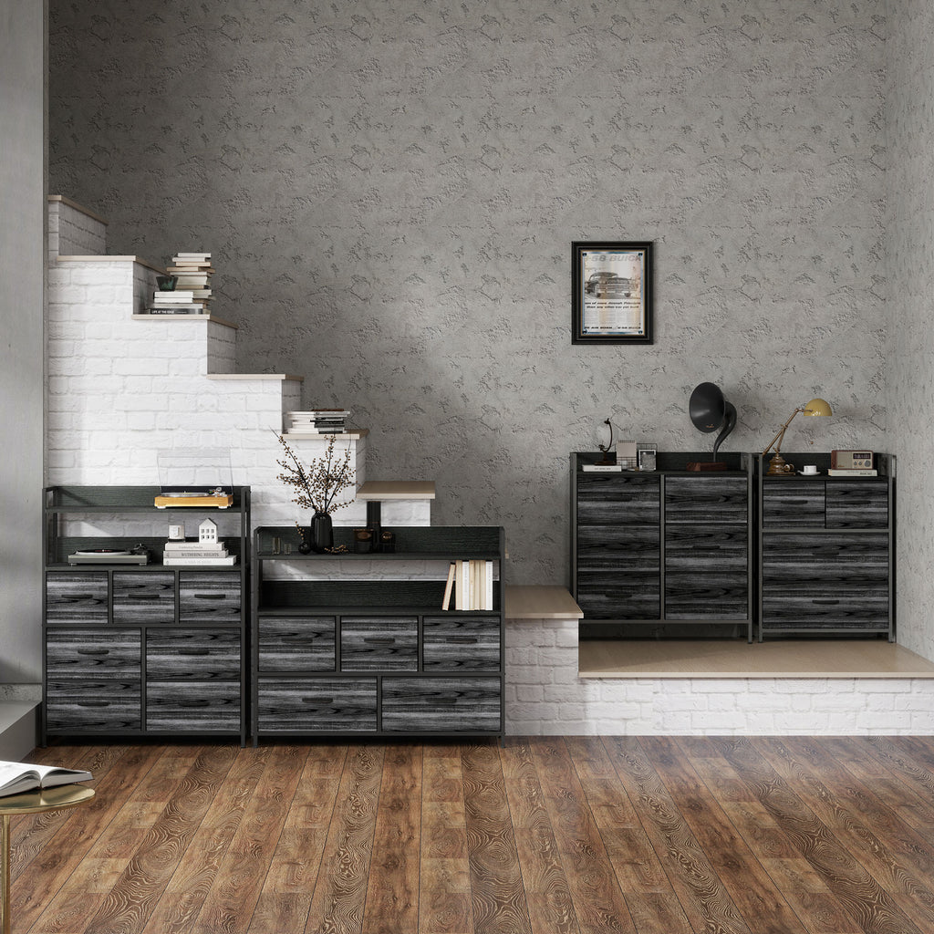 HOMCOM Rustic Chest of Seven Fabric Drawers - Black