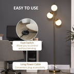 3-Light Tree Floor Lamps for Living Room, Modern Standing Lamp for Bedroom with Globe Lampshade, 3000K/4000K/6000K Colour Temperatures, Steel Base, Gold Tone