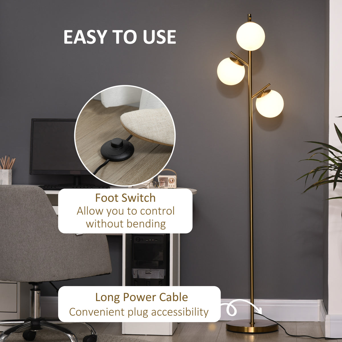 3-Light Tree Floor Lamps for Living Room, Modern Standing Lamp for Bedroom with Globe Lampshade, 3000K/4000K/6000K Colour Temperatures, Steel Base, Gold Tone