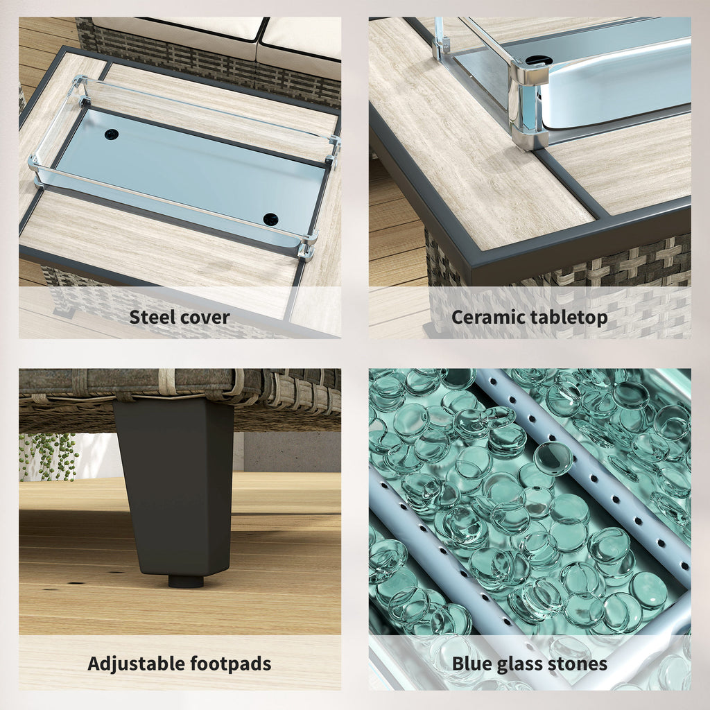 Outsunny 5-Piece Rattan Patio Furniture Set with Gas Fire Pit Table, Loveseat Sofa, Armchairs, Cushions, Pillows, Grey