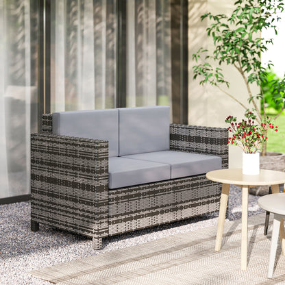 Outsunny Rattan Sofa, 2 Seater Garden Furniture with Soft Padded Cushion and Armrests, Wicker Garden Loveseat for Patio, Mixed Grey