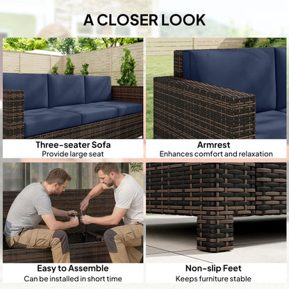 Outsunny 3 Seater Rattan Sofa All-Weather Wicker Weave Metal Frame Chair with Fire Resistant Cushio-Dark Blue