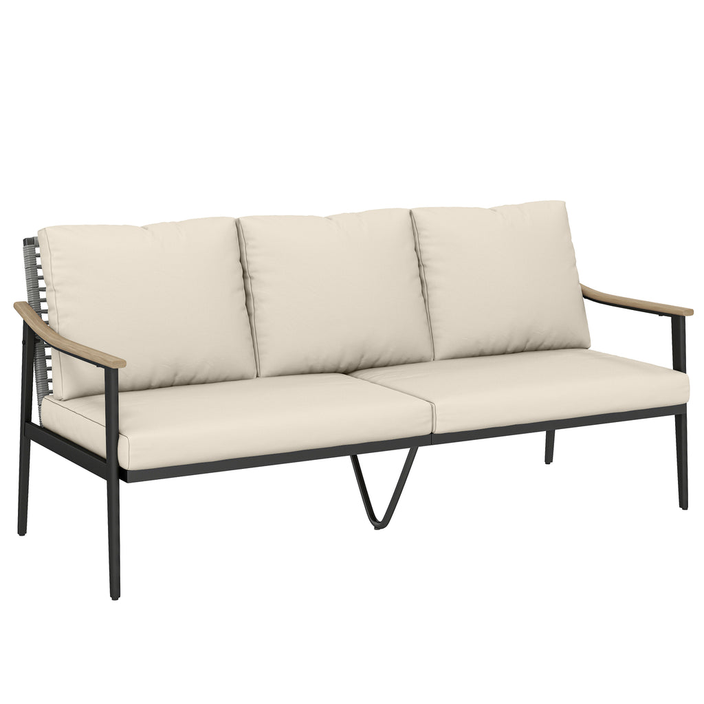Outsunny 3 Seater Rattan Sofa, Outdoor Garden Sofa with Wood-Effect Armrests, Cushions for Patio, Balcony, Khaki