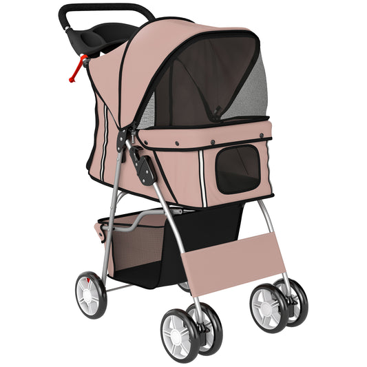 PawHut Dog Pram, Pet Stroller with Reflective Strips, Foldable Cat Stroller with 360° Swivel Wheels, Brown