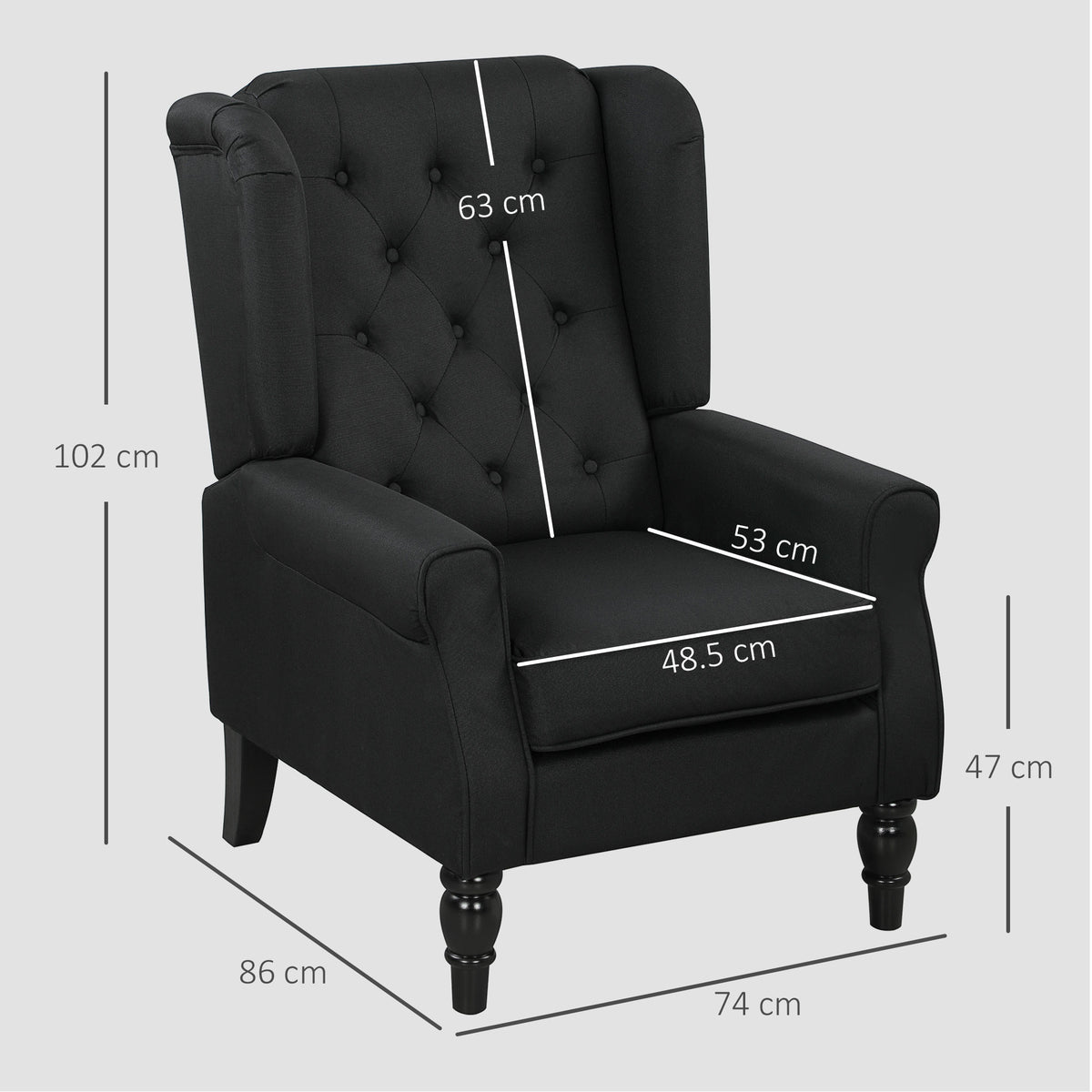 Wingback Accent Chair, Faux Linen Armchair with Thick Spring Cushion, High Back, Solid Wood Legs, Retro Button Tufted Reading Chair for Living Room, Bedroom, Black