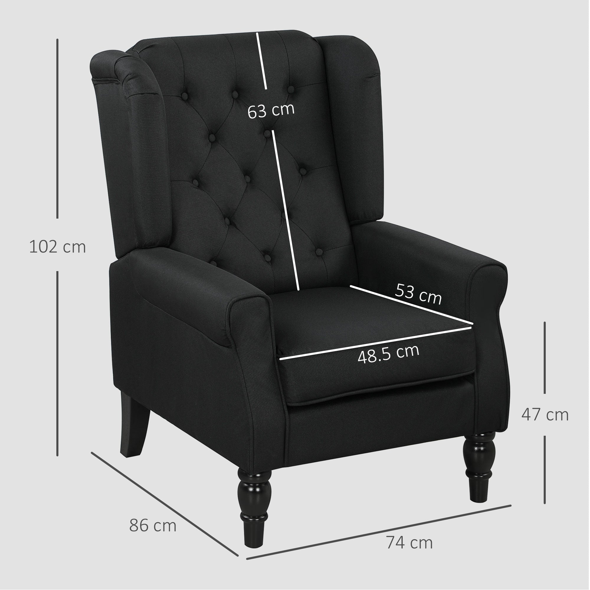 HOMCOM Wingback Accent Chair, Faux Linen Armchair with Thick Spring Cushion, High Back, Solid Wood Legs, Retro Button Tufted Reading Chair for Living Room, Bedroom, Black