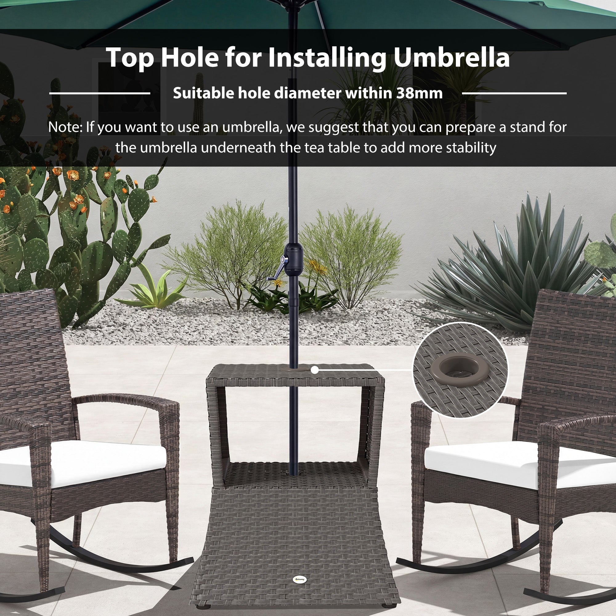 Outsunny Rattan Outdoor Coffee Table, Wicker Garden Patio Bistro Side Table with Umbrella Hole and Storage Space, Dark Grey
