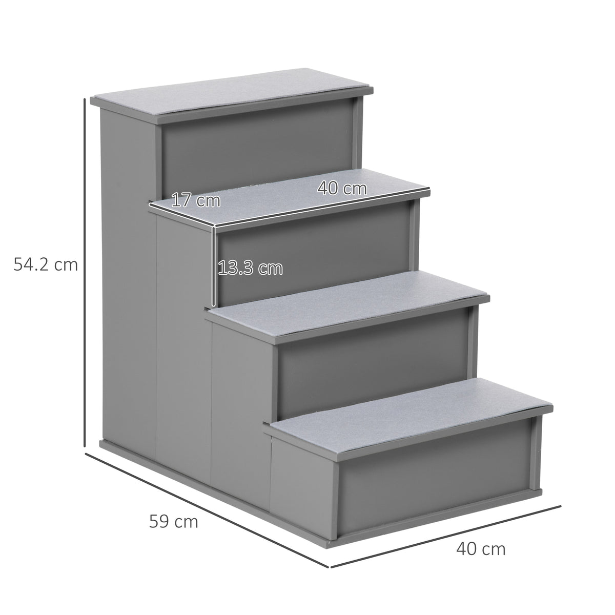 PawHut 4 Step Dog Steps for Bed, Wooden Dog Steps for Sofa, Pet Stairs for Bed Couch with Non-Slip Carpet for Cats and Puppies, 40 x 59 x 54.2 cm, Grey