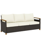 Outsunny 3 Seater Rattan Garden Sofa, PE Wicker Outdoor Sofa Wide Deep Seat, 4" Cushions, Wood-Effect Armrests Legs, Brown