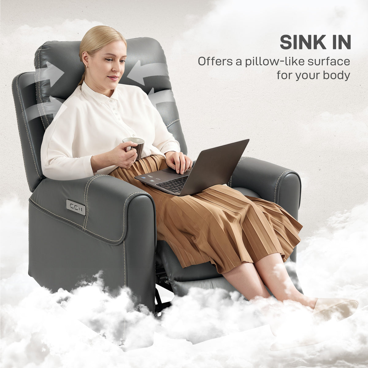 Power Lift Recliner Chair for Elderly, Overstuffed Faux Leather Riser and Reclining Chair with USB A+C Ports, Recliner Armchair for Living Room, Charcoal Grey