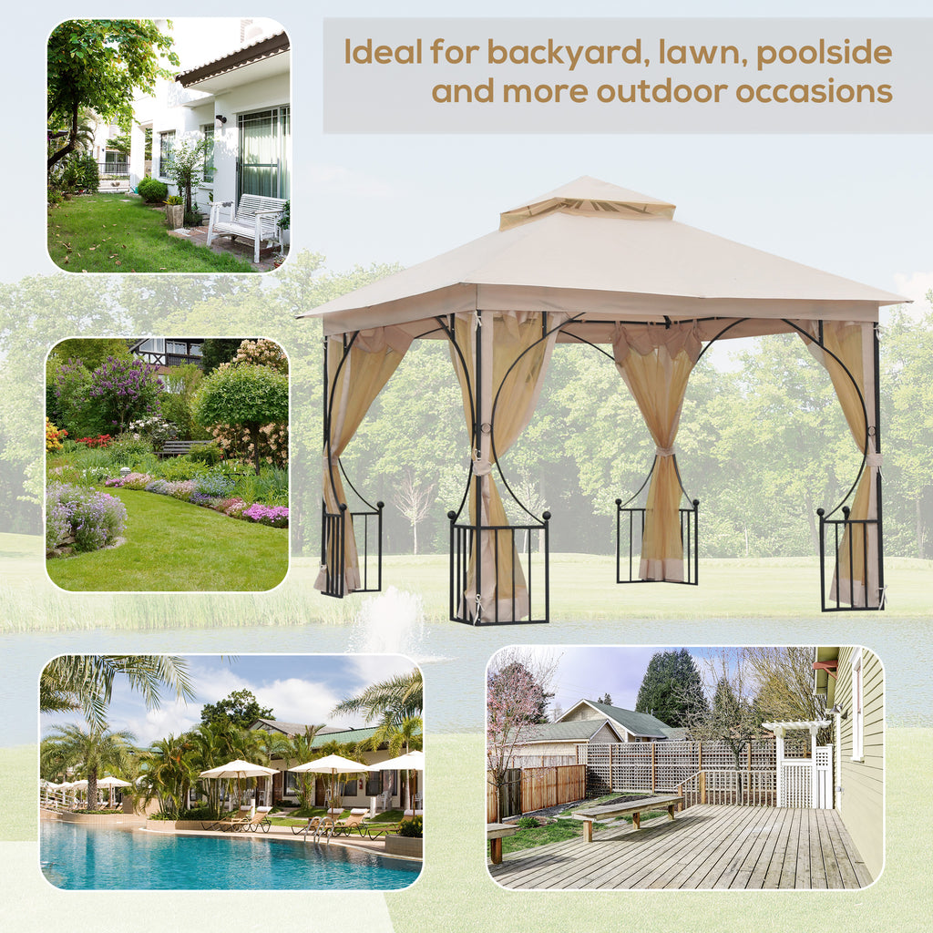Outsunny 3 x 3(m) Garden Gazebo Patio Party Tent Shelter Outdoor Canopy Double Tier Sun Shade Metal Frame Netting, Beige